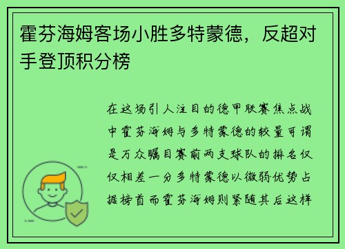 霍芬海姆客场小胜多特蒙德，反超对手登顶积分榜